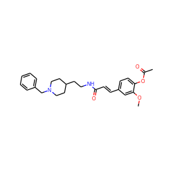 COc1cc(/C=C/C(=O)NCCC2CCN(Cc3ccccc3)CC2)ccc1OC(C)=O ZINC000653864011