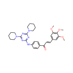 COc1cc(/C=C/C(=O)c2ccc(Nc3nc(N4CCCCC4)nc(N4CCCCC4)n3)cc2)cc(OC)c1OC ZINC001772644297