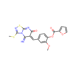 COc1cc(/C=C2/C(=N)N3C(SC)=NSC3=NC2=O)ccc1OC(=O)c1ccco1 ZINC000015936954