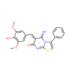 COc1cc(/C=C2/C(=N)N3C(c4ccccc4)=CSC3=NC2=O)cc(OC)c1O ZINC000013638467