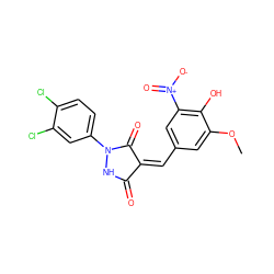 COc1cc(/C=C2/C(=O)NN(c3ccc(Cl)c(Cl)c3)C2=O)cc([N+](=O)[O-])c1O ZINC000015935198