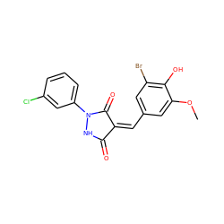 COc1cc(/C=C2/C(=O)NN(c3cccc(Cl)c3)C2=O)cc(Br)c1O ZINC000013577250