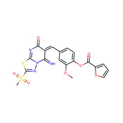 COc1cc(/C=C2\C(=N)N3N=C(S(C)(=O)=O)SC3=NC2=O)ccc1OC(=O)c1ccco1 ZINC000015934960