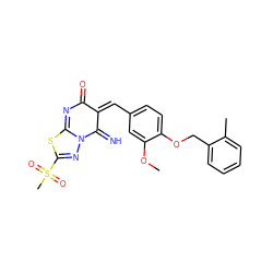 COc1cc(/C=C2\C(=N)N3N=C(S(C)(=O)=O)SC3=NC2=O)ccc1OCc1ccccc1C ZINC000020207772