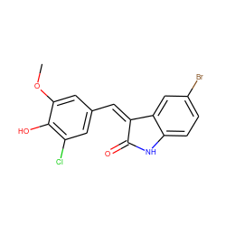 COc1cc(/C=C2\C(=O)Nc3ccc(Br)cc32)cc(Cl)c1O ZINC000005675362