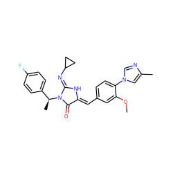 COc1cc(/C=C2\N/C(=N\C3CC3)N([C@@H](C)c3ccc(F)cc3)C2=O)ccc1-n1cnc(C)c1 ZINC000058584087