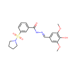 COc1cc(/C=N/NC(=O)c2cccc(S(=O)(=O)N3CCCC3)c2)cc(OC)c1O ZINC000003470296