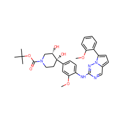 COc1cc([C@@]2(O)CCN(C(=O)OC(C)(C)C)C[C@@H]2O)ccc1Nc1ncc2ccc(-c3ccccc3OC)n2n1 ZINC000114011532