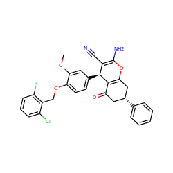 COc1cc([C@H]2C(C#N)=C(N)OC3=C2C(=O)C[C@@H](c2ccccc2)C3)ccc1OCc1c(F)cccc1Cl ZINC000002840544