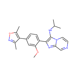 COc1cc(-c2c(C)noc2C)ccc1-c1nc2cnccn2c1NC(C)C ZINC000299825189