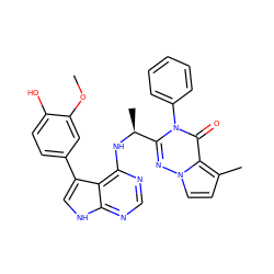 COc1cc(-c2c[nH]c3ncnc(N[C@@H](C)c4nn5ccc(C)c5c(=O)n4-c4ccccc4)c23)ccc1O ZINC000209002956