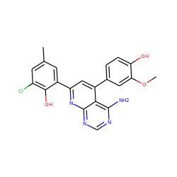 COc1cc(-c2cc(-c3cc(C)cc(Cl)c3O)nc3ncnc(N)c23)ccc1O ZINC000001644478