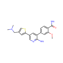 COc1cc(-c2cc(-c3cc(CN(C)C)cs3)cnc2N)ccc1C(N)=O ZINC000084712625