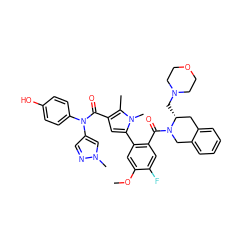 COc1cc(-c2cc(C(=O)N(c3ccc(O)cc3)c3cnn(C)c3)c(C)n2C)c(C(=O)N2Cc3ccccc3C[C@H]2CN2CCOCC2)cc1F ZINC000261143197