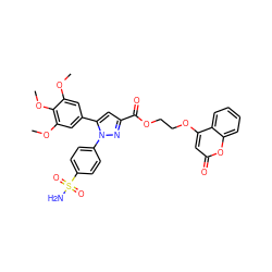 COc1cc(-c2cc(C(=O)OCCOc3cc(=O)oc4ccccc34)nn2-c2ccc(S(N)(=O)=O)cc2)cc(OC)c1OC ZINC001772634051