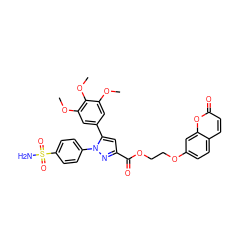 COc1cc(-c2cc(C(=O)OCCOc3ccc4ccc(=O)oc4c3)nn2-c2ccc(S(N)(=O)=O)cc2)cc(OC)c1OC ZINC001772630593