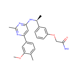 COc1cc(-c2cc(N[C@@H](C)c3cccc(OCC(N)=O)c3)nc(C)n2)ccc1C ZINC000205829650