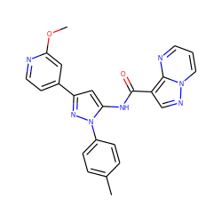 COc1cc(-c2cc(NC(=O)c3cnn4cccnc34)n(-c3ccc(C)cc3)n2)ccn1 ZINC000204763929