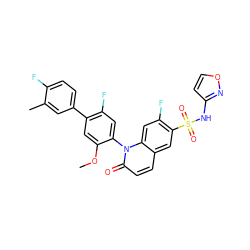 COc1cc(-c2ccc(F)c(C)c2)c(F)cc1-n1c(=O)ccc2cc(S(=O)(=O)Nc3ccon3)c(F)cc21 ZINC001772632929