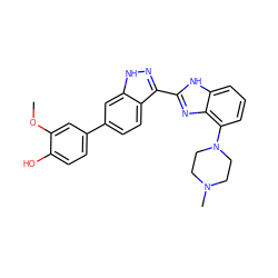 COc1cc(-c2ccc3c(-c4nc5c(N6CCN(C)CC6)cccc5[nH]4)n[nH]c3c2)ccc1O ZINC000040916246