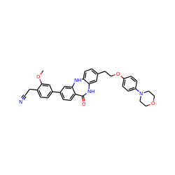 COc1cc(-c2ccc3c(c2)Nc2ccc(CCOc4ccc(N5CCOCC5)cc4)cc2NC3=O)ccc1CC#N ZINC000063298371