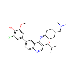 COc1cc(-c2ccc3ncc(C(=O)C(C)C)c(N[C@H]4CC[C@H](CN(C)C)CC4)c3c2)cc(Cl)c1O ZINC000473152151