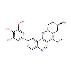 COc1cc(-c2ccc3ncc(C(=O)C(C)C)c(N[C@H]4CC[C@H](N)CC4)c3c2)cc(Cl)c1O ZINC000473215500