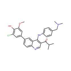 COc1cc(-c2ccc3ncc(C(=O)C(C)C)c(Nc4ccc(CN(C)C)cc4)c3c2)cc(Cl)c1O ZINC000219347058