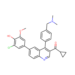 COc1cc(-c2ccc3ncc(C(=O)C4CC4)c(-c4ccc(CN(C)C)cc4)c3c2)cc(Cl)c1O ZINC000114037063