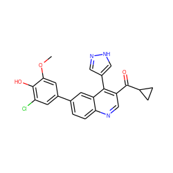 COc1cc(-c2ccc3ncc(C(=O)C4CC4)c(-c4cn[nH]c4)c3c2)cc(Cl)c1O ZINC000203988262