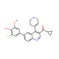 COc1cc(-c2ccc3ncc(C(=O)C4CC4)c(C4=CCNCC4)c3c2)cc(Cl)c1O ZINC000203988527