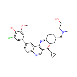 COc1cc(-c2ccc3ncc(C(=O)C4CC4)c(N[C@H]4CC[C@H](CN(C)CCO)CC4)c3c2)cc(Cl)c1O ZINC000473159155