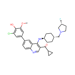 COc1cc(-c2ccc3ncc(C(=O)C4CC4)c(N[C@H]4CC[C@H](CN5CC[C@@H](F)C5)CC4)c3c2)cc(Cl)c1O ZINC000473152122