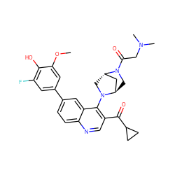 COc1cc(-c2ccc3ncc(C(=O)C4CC4)c(N4C[C@H]5C[C@H]4CN5C(=O)CN(C)C)c3c2)cc(F)c1O ZINC000219860002