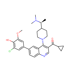 COc1cc(-c2ccc3ncc(C(=O)C4CC4)c(N4CCC([C@H](C)N(C)C)CC4)c3c2)cc(Cl)c1O ZINC000203798096