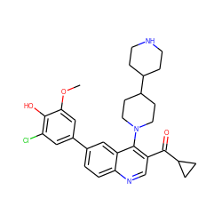 COc1cc(-c2ccc3ncc(C(=O)C4CC4)c(N4CCC(C5CCNCC5)CC4)c3c2)cc(Cl)c1O ZINC000203989921