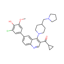 COc1cc(-c2ccc3ncc(C(=O)C4CC4)c(N4CCC(CN5CCCC5)CC4)c3c2)cc(Cl)c1O ZINC000215726605