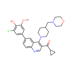 COc1cc(-c2ccc3ncc(C(=O)C4CC4)c(N4CCC(CN5CCOCC5)CC4)c3c2)cc(Cl)c1O ZINC000203798334