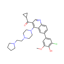 COc1cc(-c2ccc3ncc(C(=O)C4CC4)c(N4CCN(CCN5CCCC5)CC4)c3c2)cc(Cl)c1O ZINC000203803547