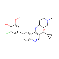 COc1cc(-c2ccc3ncc(C(=O)C4CC4)c(NC4CCN(C)CC4)c3c2)cc(Cl)c1O ZINC000203803246