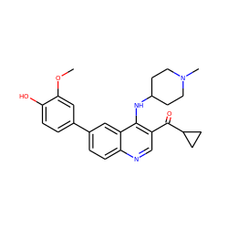 COc1cc(-c2ccc3ncc(C(=O)C4CC4)c(NC4CCN(C)CC4)c3c2)ccc1O ZINC000114038042