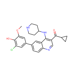 COc1cc(-c2ccc3ncc(C(=O)C4CC4)c(NC4CCNCC4)c3c2)cc(Cl)c1O ZINC000114035048