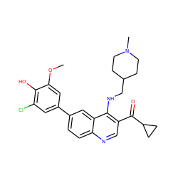 COc1cc(-c2ccc3ncc(C(=O)C4CC4)c(NCC4CCN(C)CC4)c3c2)cc(Cl)c1O ZINC000215726461