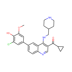 COc1cc(-c2ccc3ncc(C(=O)C4CC4)c(NCC4CCNCC4)c3c2)cc(Cl)c1O ZINC000114036711