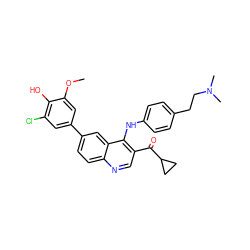 COc1cc(-c2ccc3ncc(C(=O)C4CC4)c(Nc4ccc(CCN(C)C)cc4)c3c2)cc(Cl)c1O ZINC000114037948