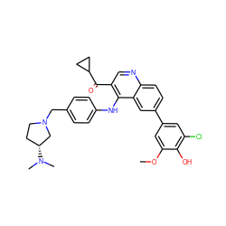 COc1cc(-c2ccc3ncc(C(=O)C4CC4)c(Nc4ccc(CN5CC[C@@H](N(C)C)C5)cc4)c3c2)cc(Cl)c1O ZINC000219371551