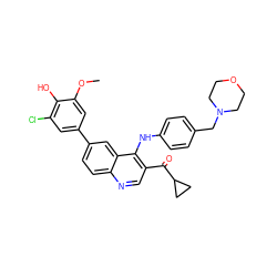 COc1cc(-c2ccc3ncc(C(=O)C4CC4)c(Nc4ccc(CN5CCOCC5)cc4)c3c2)cc(Cl)c1O ZINC000203982784