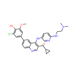 COc1cc(-c2ccc3ncc(C(=O)C4CC4)c(Nc4ccc(NCCN(C)C)nc4)c3c2)cc(Cl)c1O ZINC000114038148