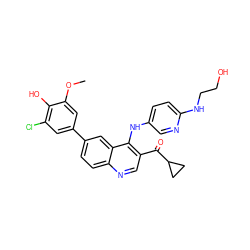 COc1cc(-c2ccc3ncc(C(=O)C4CC4)c(Nc4ccc(NCCO)nc4)c3c2)cc(Cl)c1O ZINC000114037609