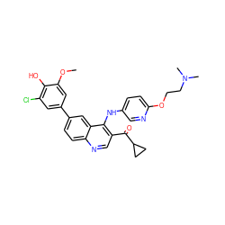 COc1cc(-c2ccc3ncc(C(=O)C4CC4)c(Nc4ccc(OCCN(C)C)nc4)c3c2)cc(Cl)c1O ZINC000203981842